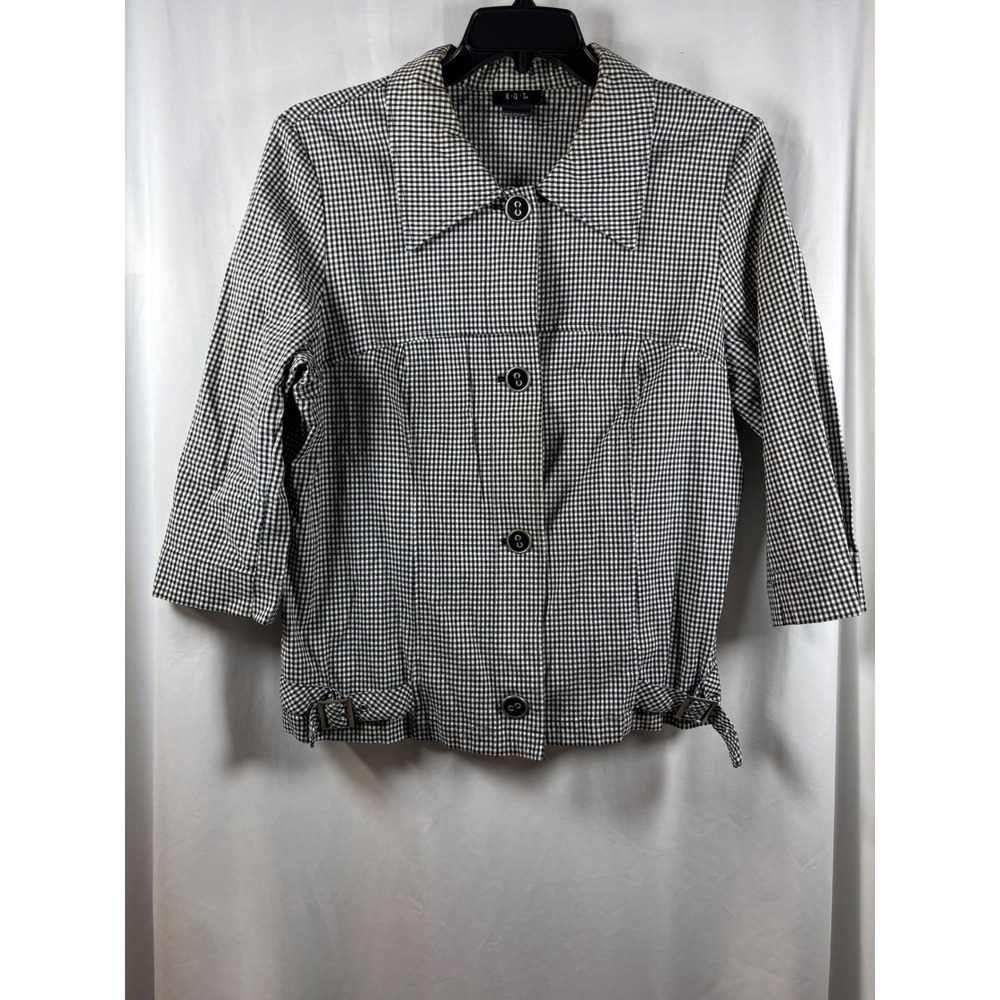 RQT Womens Gingham Button Front Jacket Black White 3/4 Sleeve XL Stretch Cotton